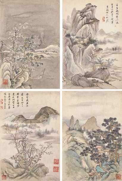 高简 1697年作 摹唐寅山水 册页（十二开选四）